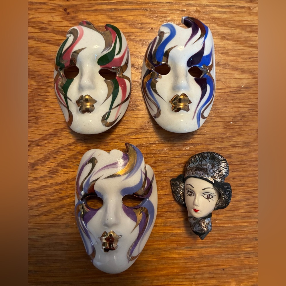 Hand-Painted Ceramic Face Mask Brooches (set of 4)